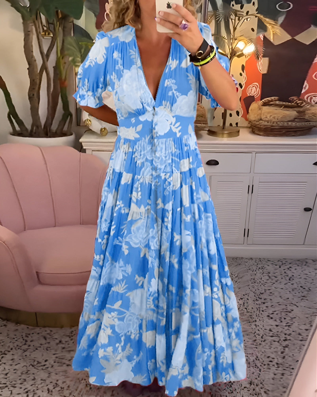 CATERINA | Long Floral Dress with Hidden Pockets and Feminine Cut for the Day