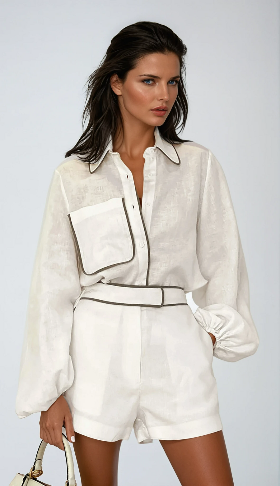 Contrast Trim Cotton Linen Shorts Set
